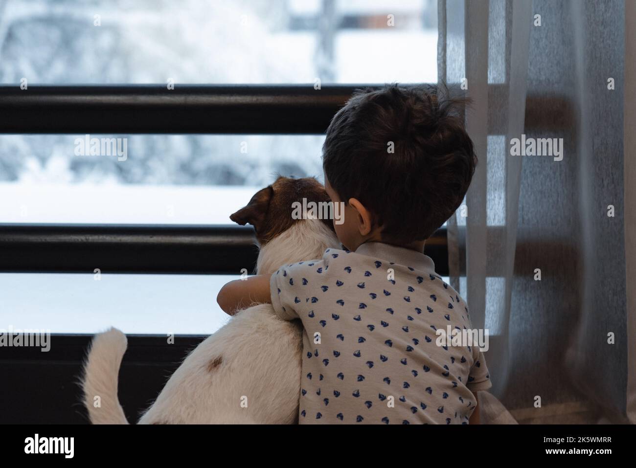 Kid boy and dog near window looking at new snow outdoors on frosty winter morning Stock Photo