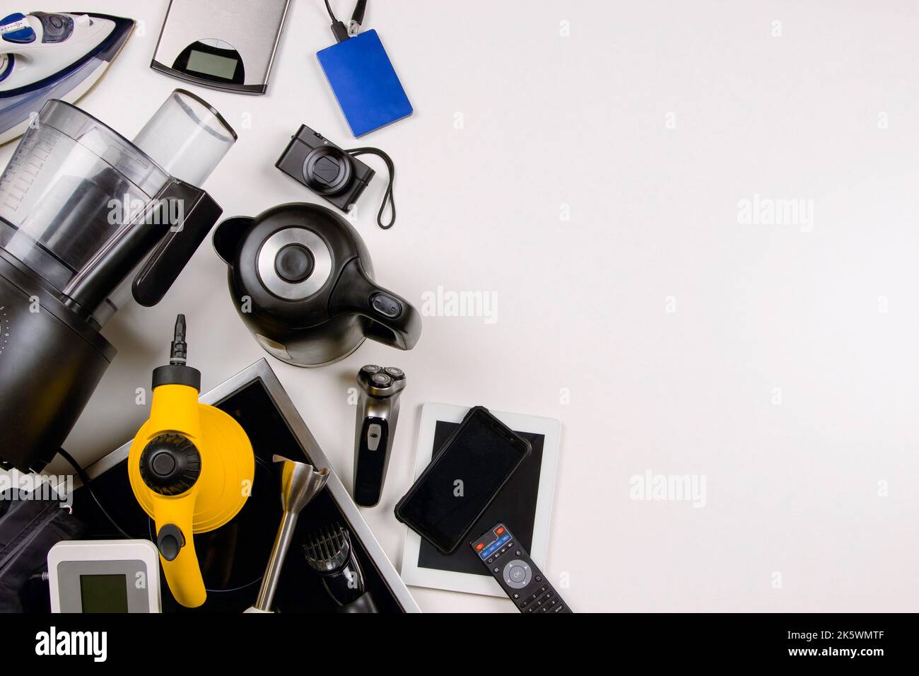 Old household, electrical appliances, broken computers, tablets, phones