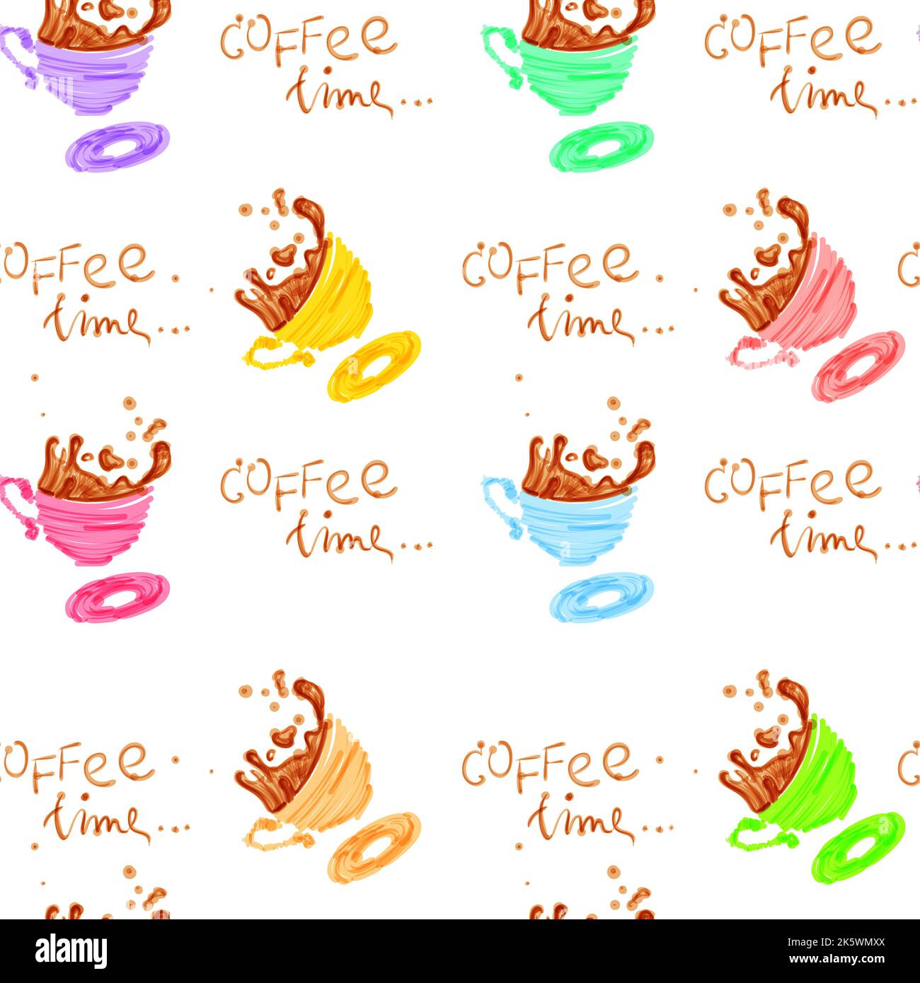 Vector seamless pattern with hand drawn coffee cups drawn with marker ...