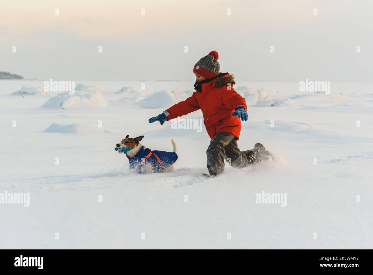 On pleasant winter day kid chasing family pet dog in deep snow Stock Photo