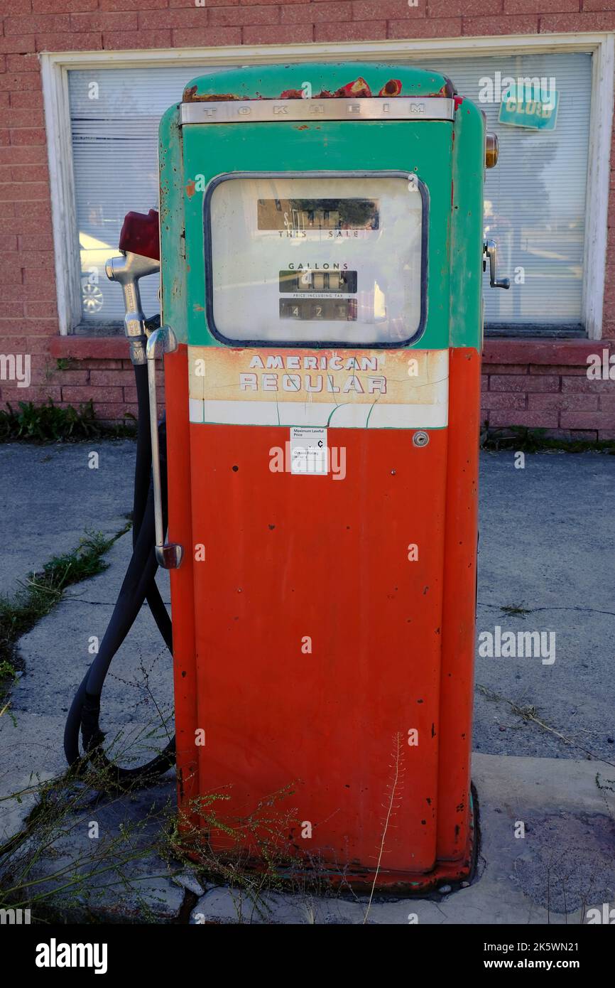 Detail of old red gas pump at closed gas station store Stock Photo Alamy