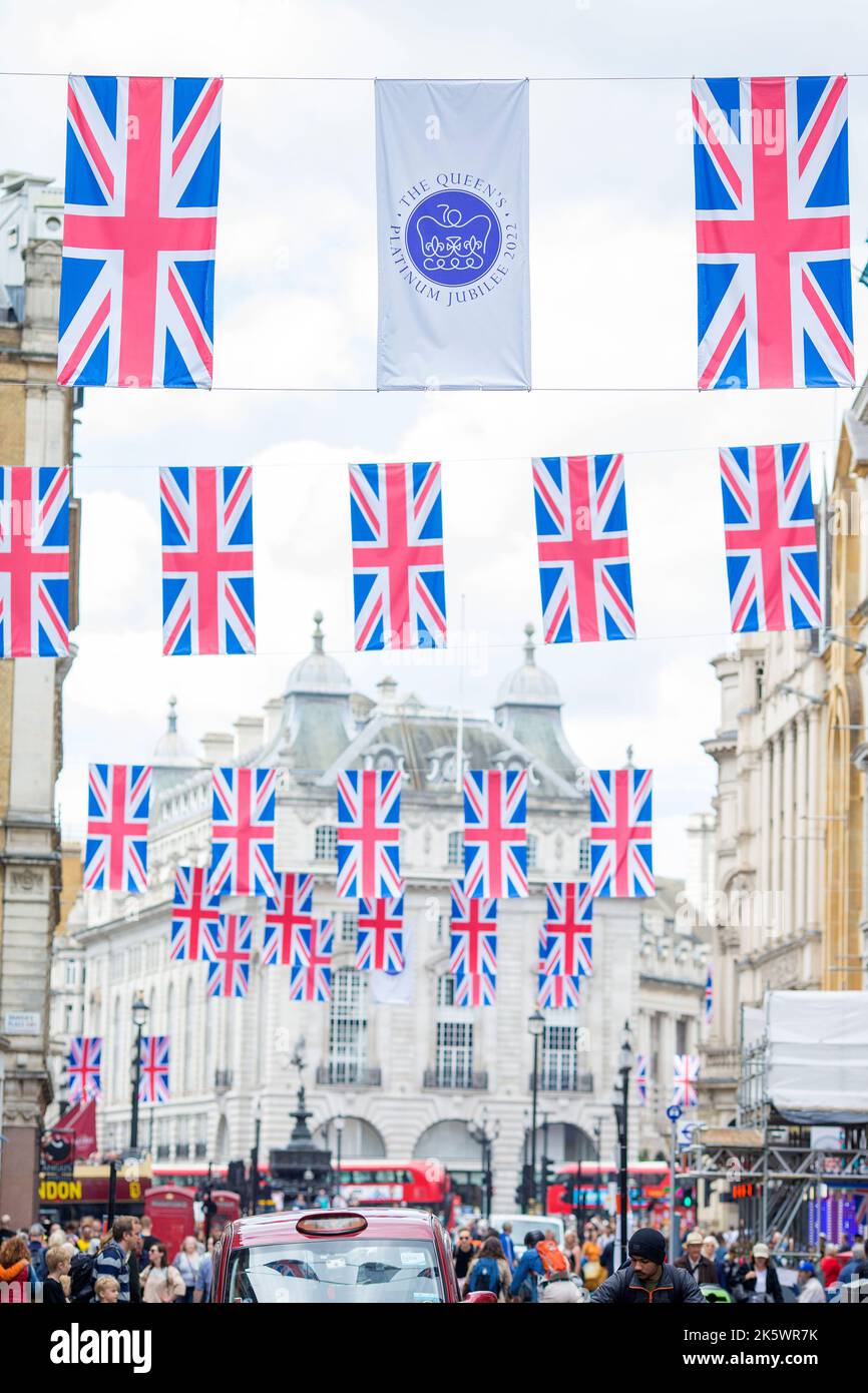 Union flag decorations are seen in central London ahead of the Platinum