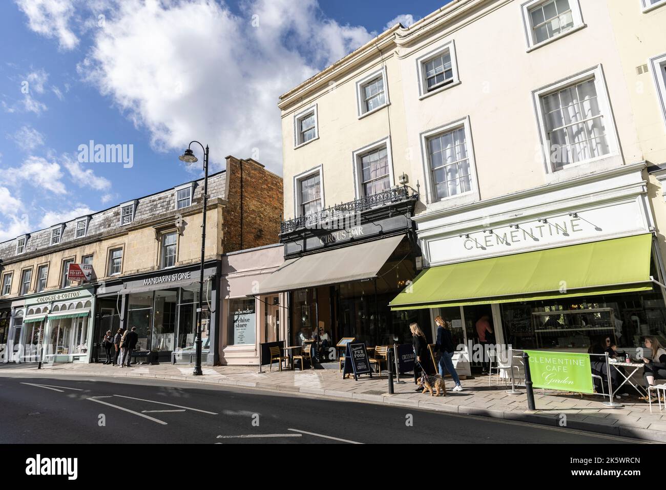Clementine cafe (green awning) situated on Queen's Circus in Cheltenham