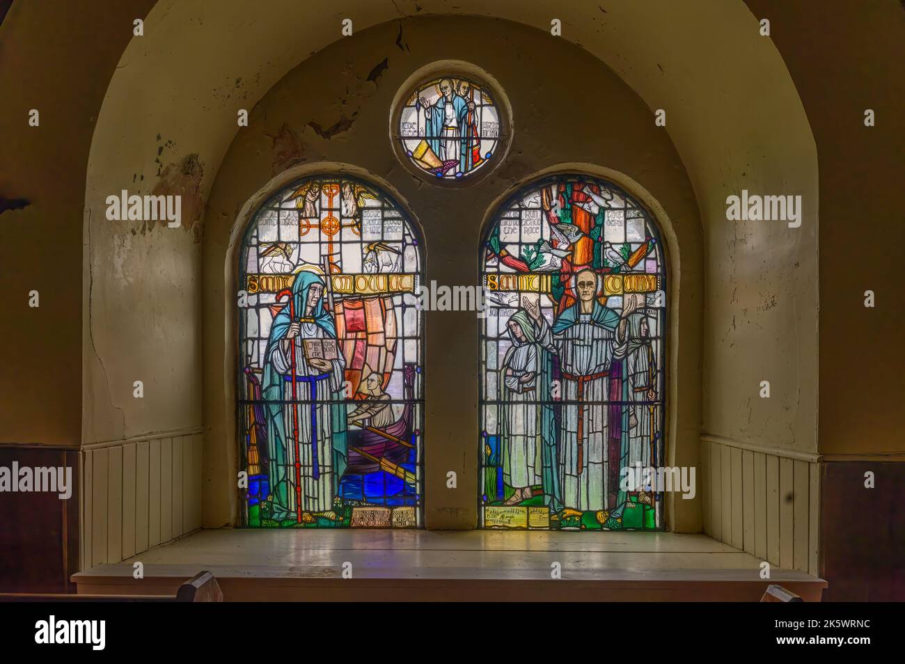 Stained Glass windows in St.Moluags Cathedral at Clachan on the Isle of Lismore, Scotland Stock Photo