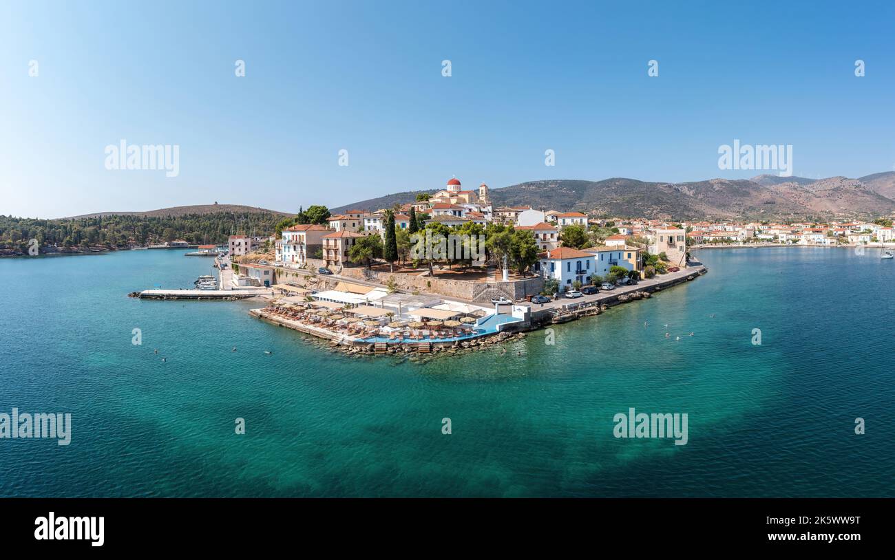 Galaxidi Greece aerial drone view, sunny day. Traditional waterfront