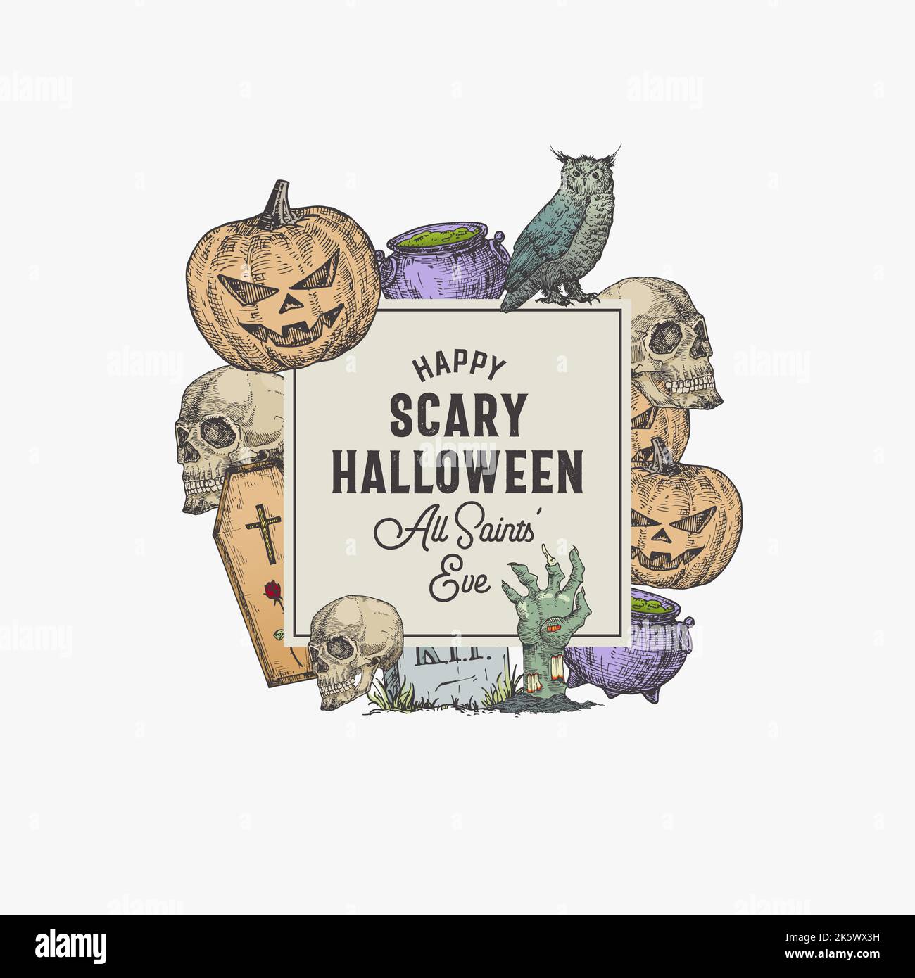 Vintage Style Halloween Square Frame Label Template. Hand Drawn Sculls, Evil Pumpkins, Owl, Tomb and Zombie Hand Sketch Illustrations with Retro Stock Vector