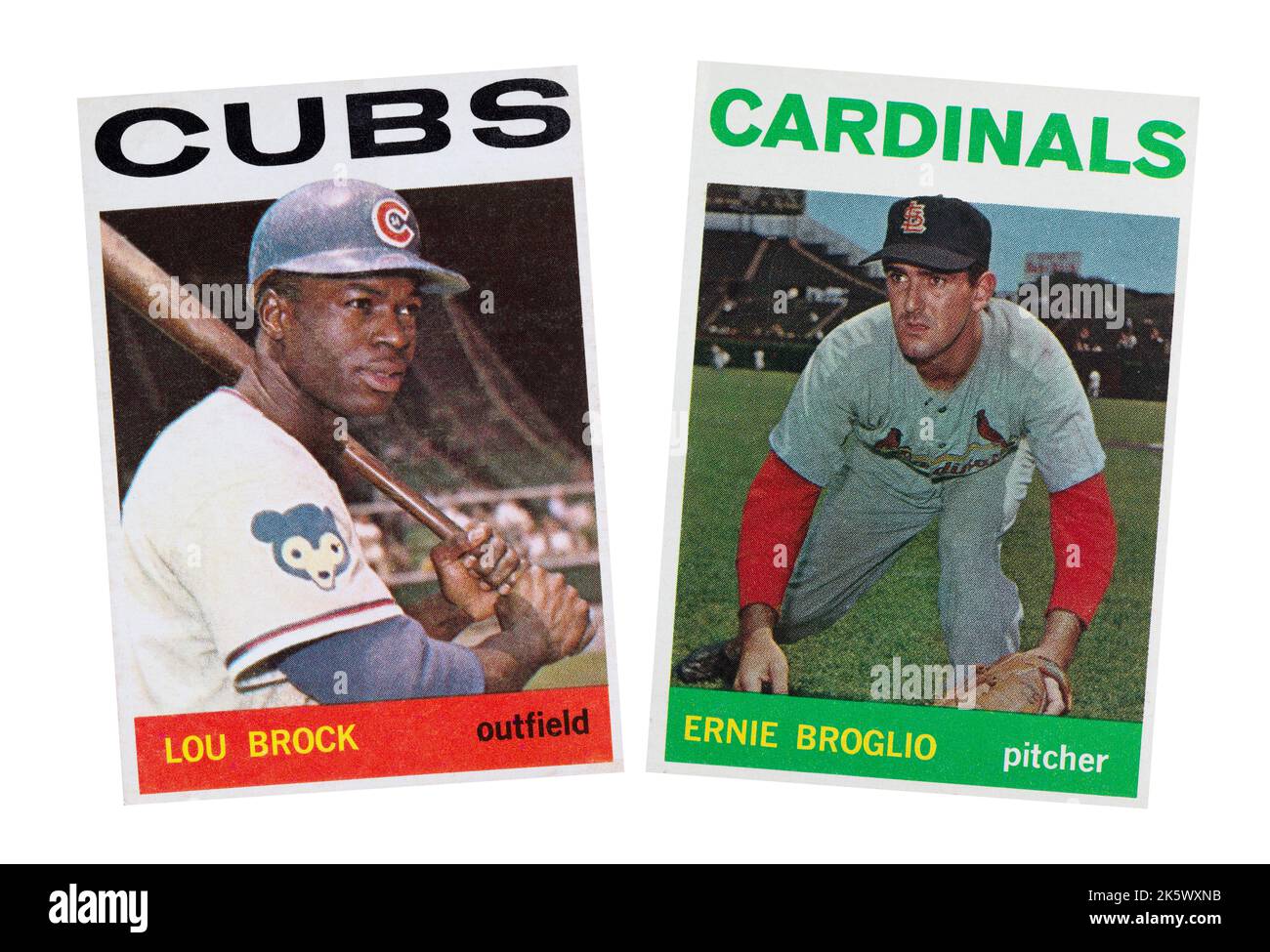 1964 baseball cards of Chicago Cubs Lou Brock and St. Louis Cardinals Ernie Broglio.  Lou Brock and Ernie Broglio were traded during the 1964 season. Stock Photo