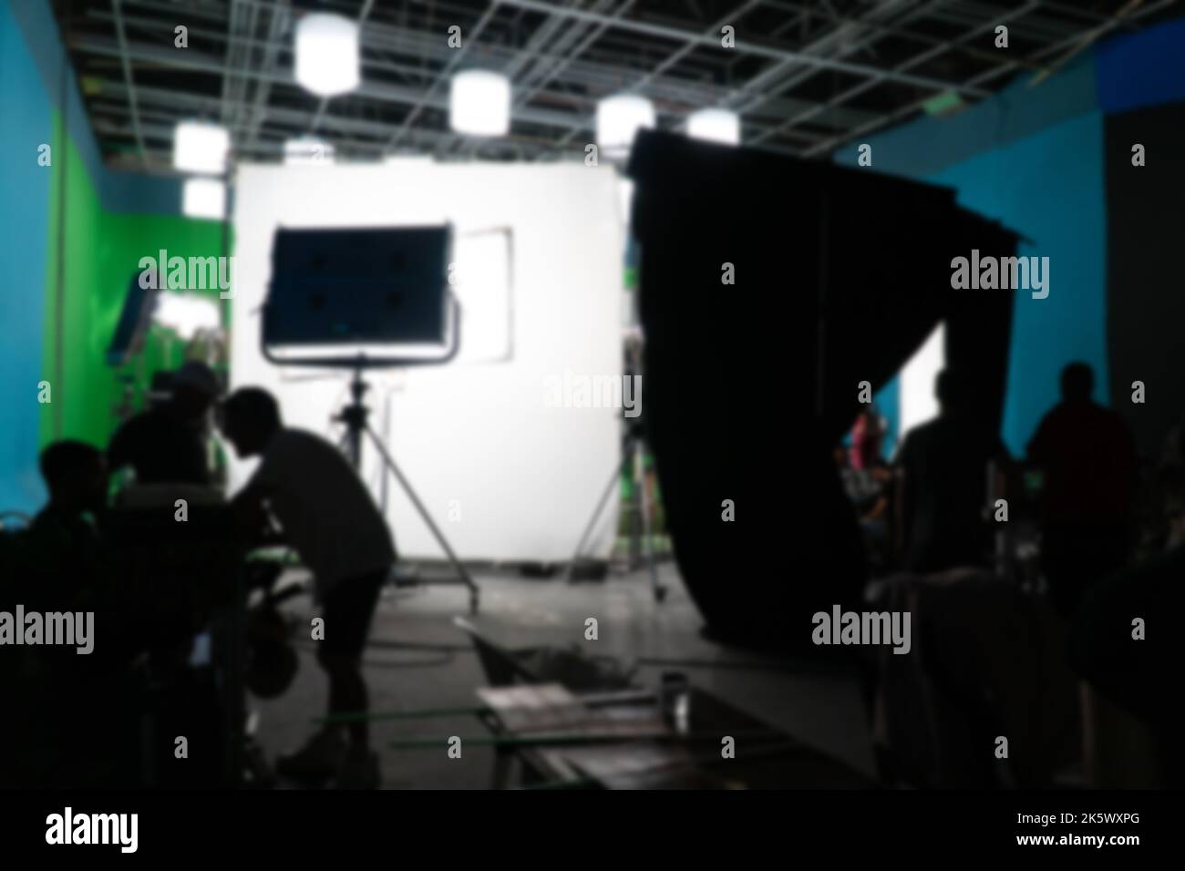 Movie set or film set. Blurry photography of film lot. Behind the scenes concept. Noise and grain included Stock Photo