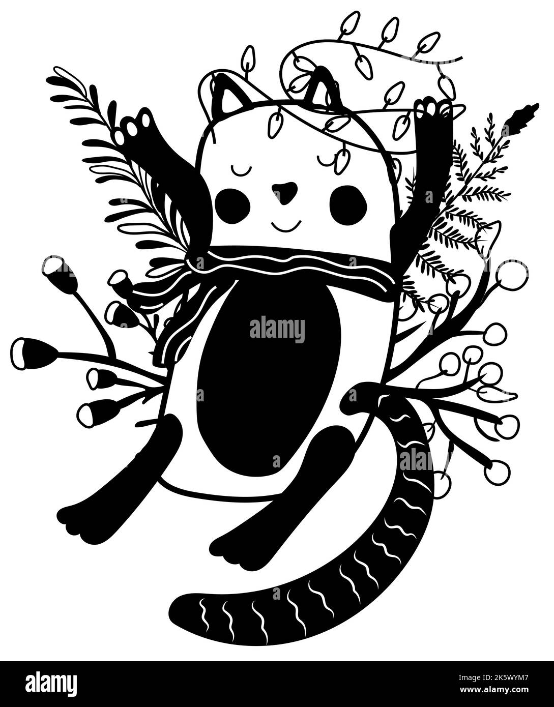 Black and white a funny cat in a scarf holding a garland, winter berries and leaves. Concept Christmas and New Year. Perfect for greeting cards, posters, flyers, banners.Vector Stock Vector