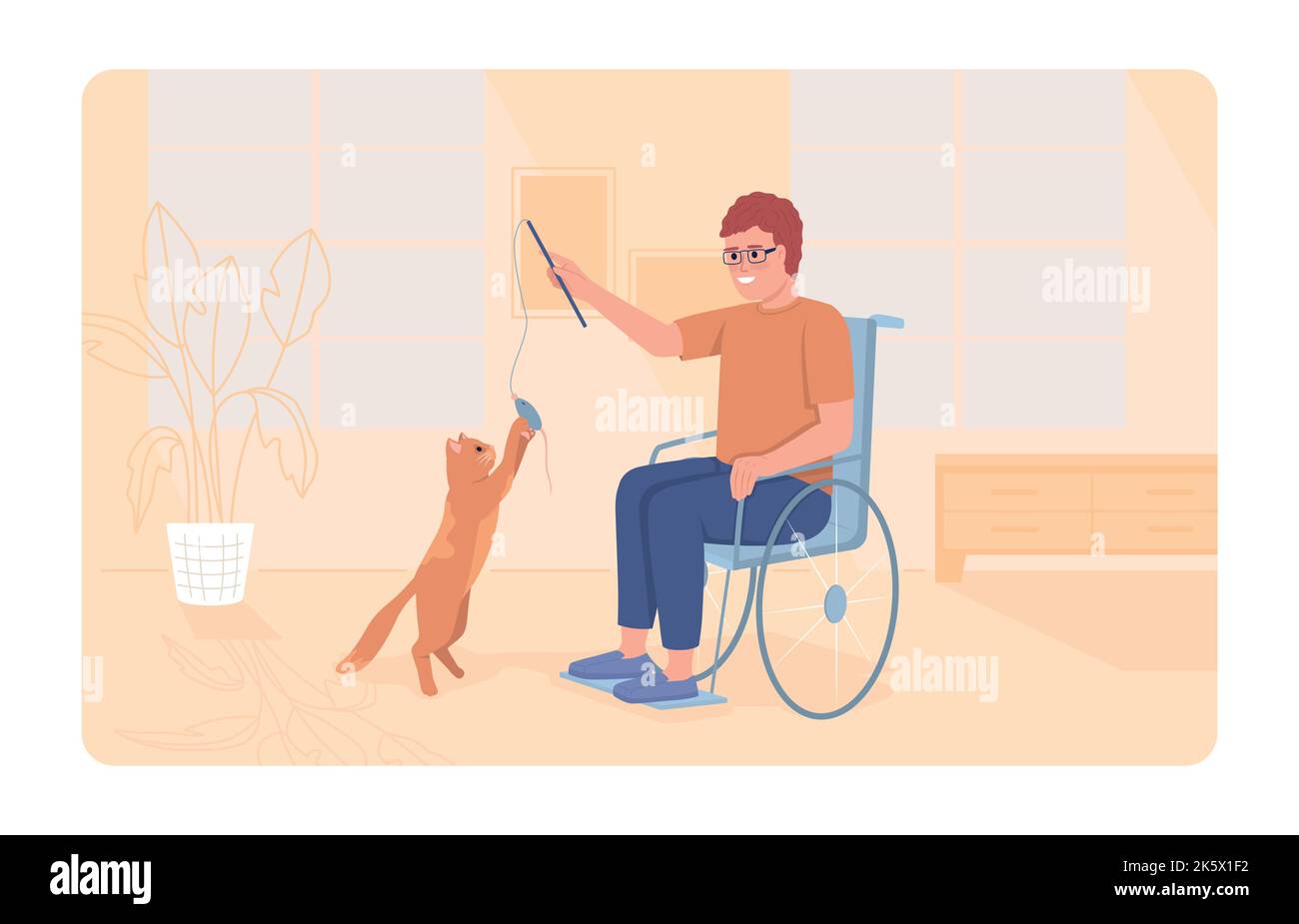 Disabled person playing with cat 2D vector isolated illustration Stock Vector