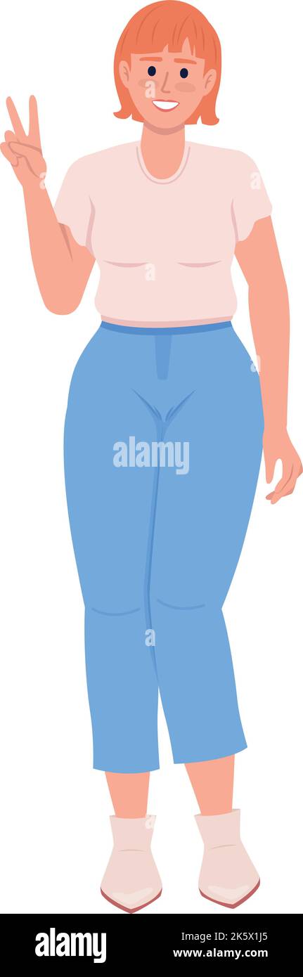 Lady showing peace gesture semi flat color vector character Stock Vector