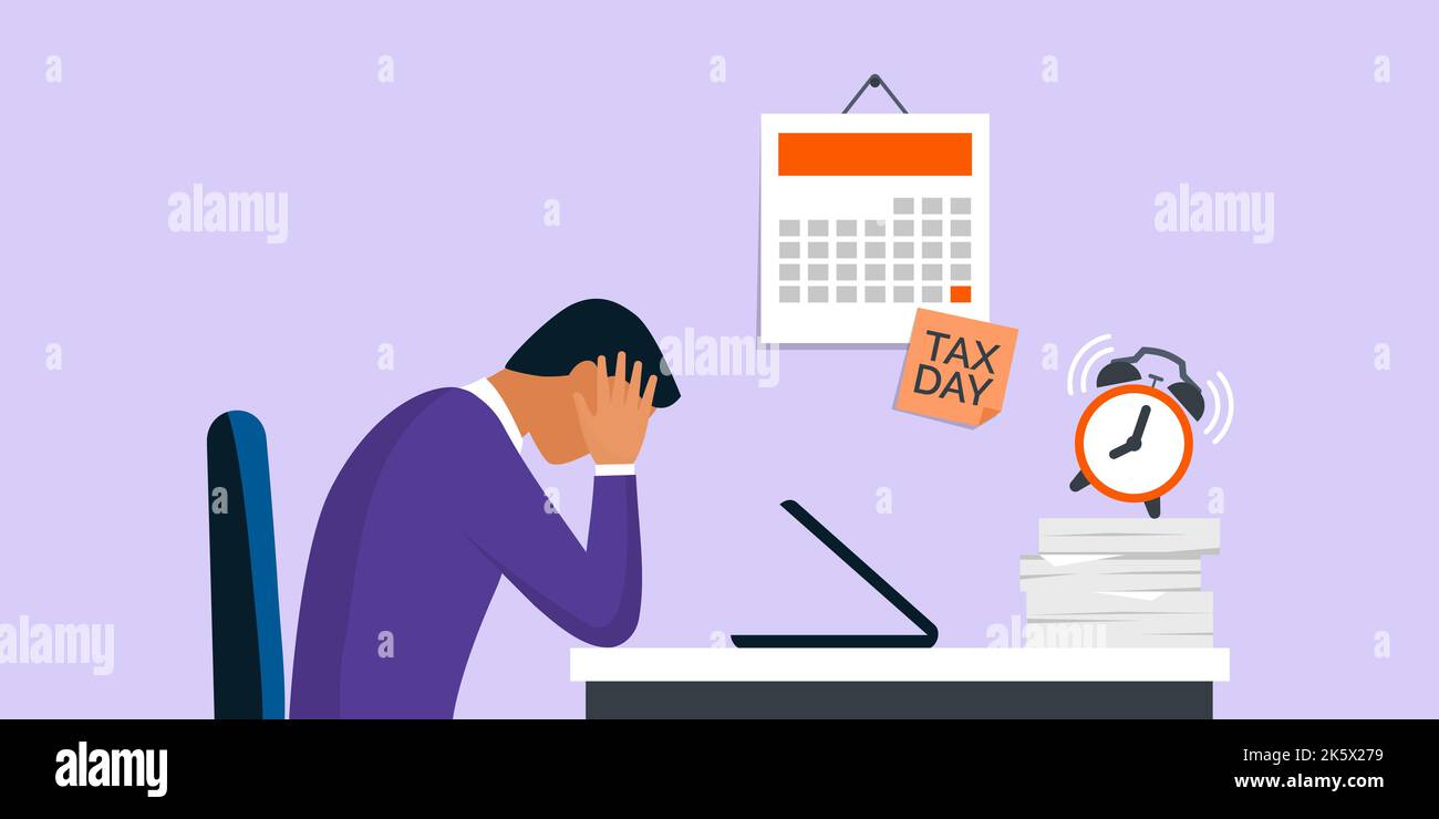 Desperate businessman sitting at office desk with head in hands and tad day reminder, crisis and payments concept Stock Vector