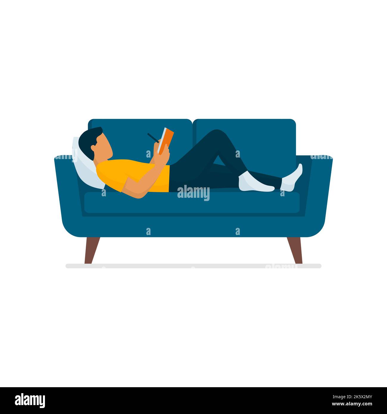 Creative man lying on the couch at home, he is reading and writing on a notebook, isolated on white background Stock Vector