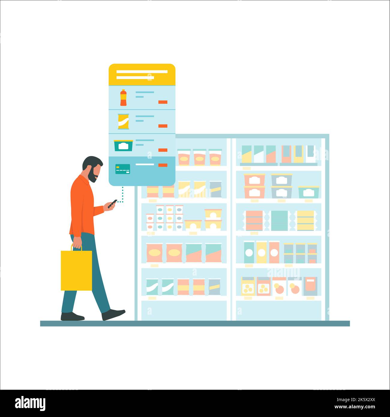 Man doing grocery shopping at the supermarket: he is buying items using a mobile app, isolated on white background Stock Vector