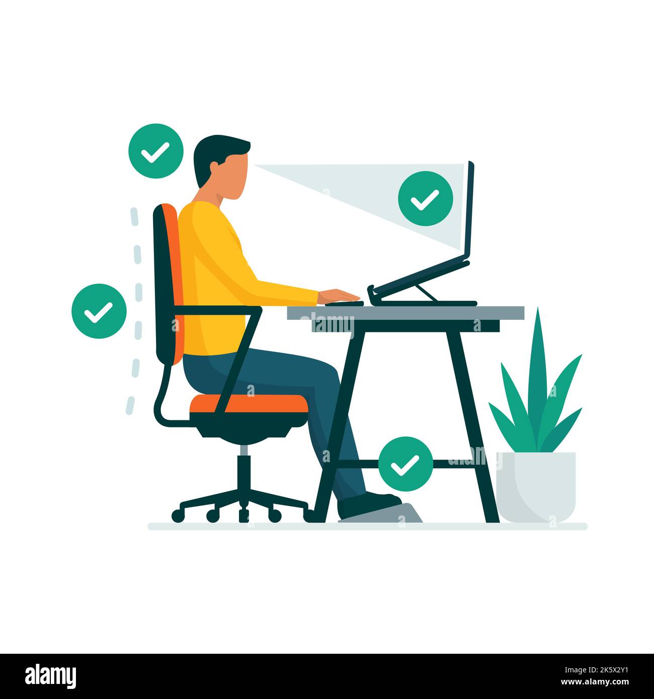 Ergonomic workspace and proper sitting posture at desk, man sitting properly at desk and working with a laptop Stock Vector