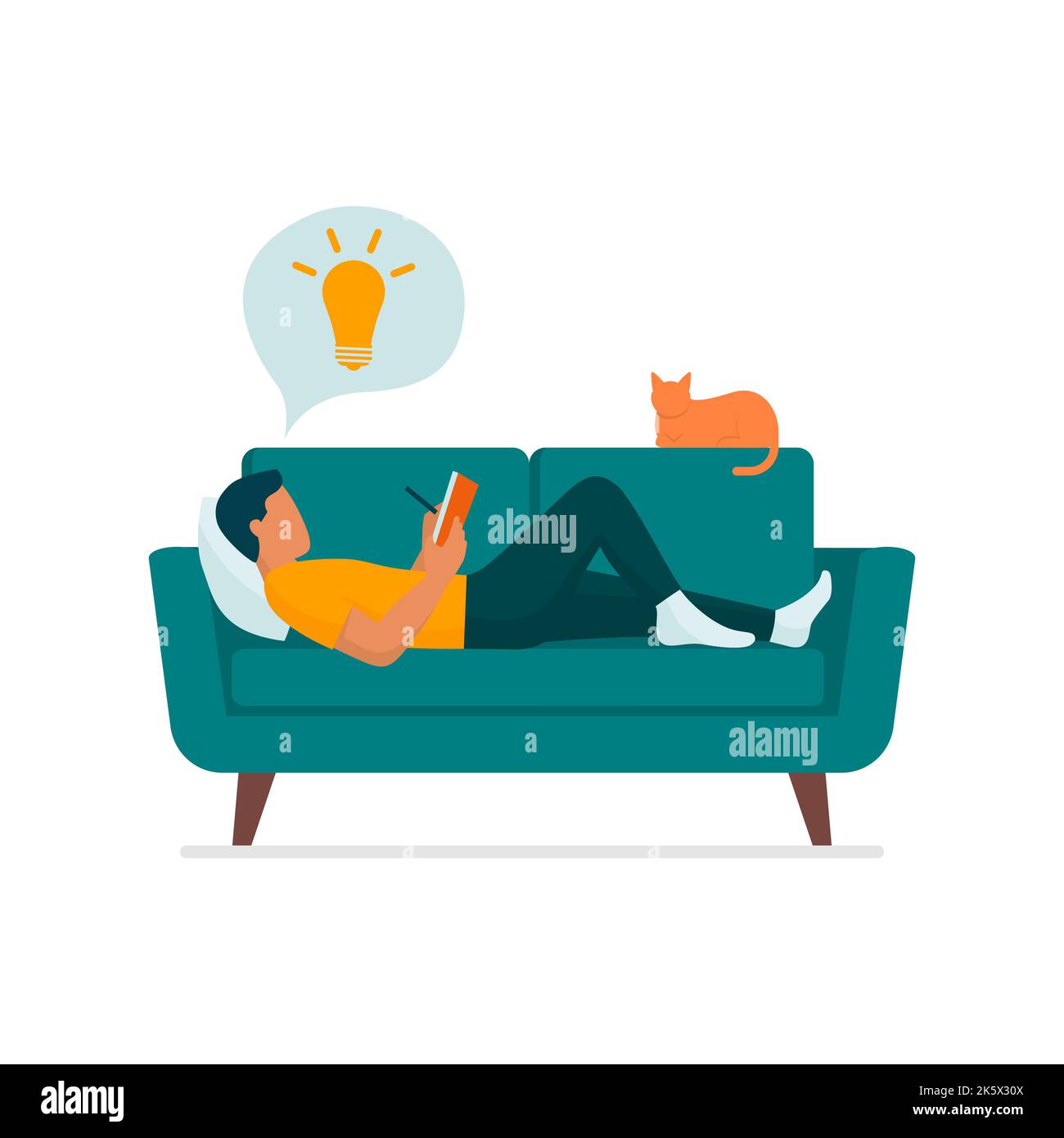 Creative man lying on the couch at home, he is reading and writing on a notebook, isolated on white background Stock Vector
