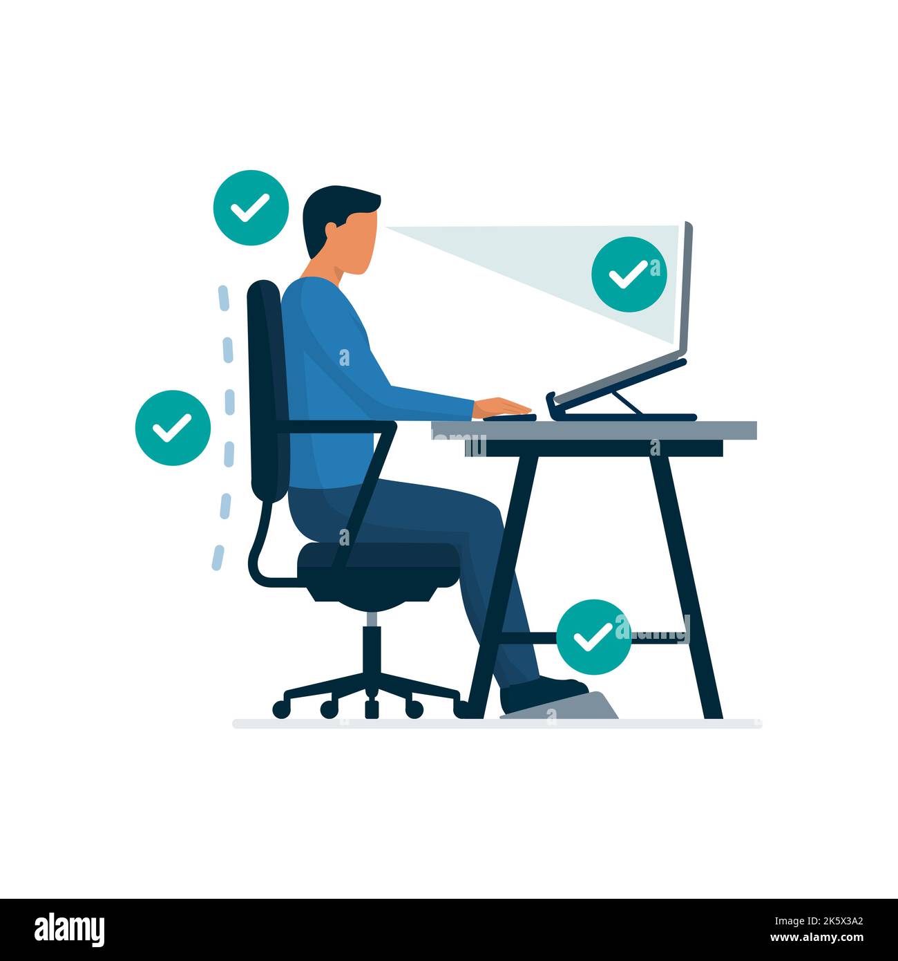 Ergonomic workspace and proper sitting posture at desk, man sitting properly at desk and working with a laptop Stock Vector