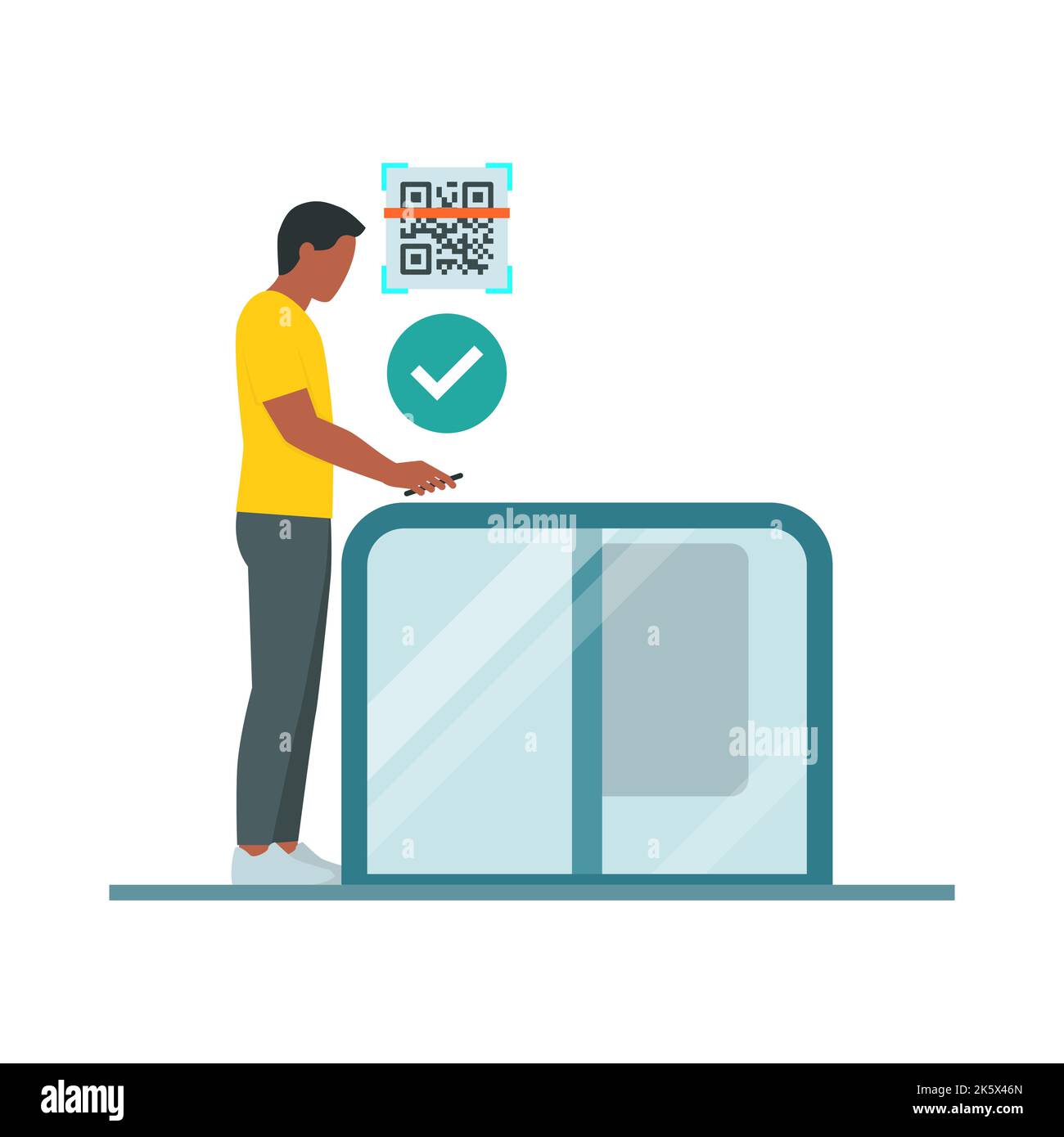 QR codes and access control: man scanning a QR code on his smartphone at the entrance Stock Vector
