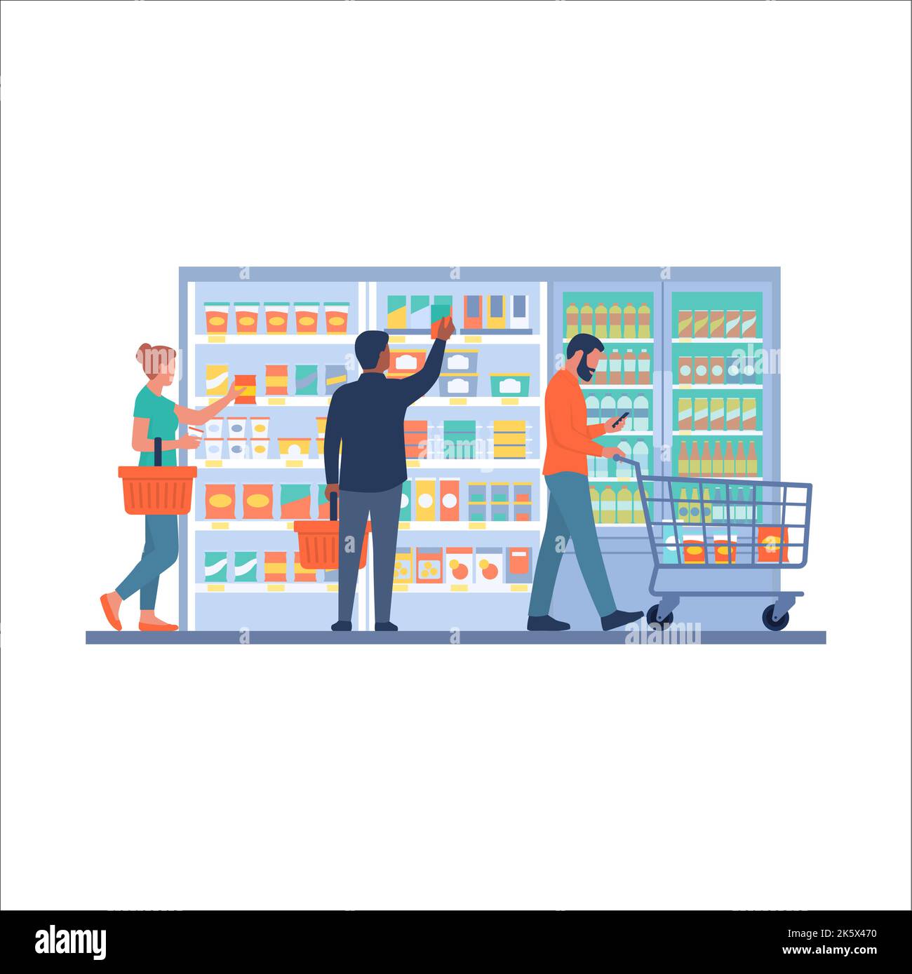 People doing grocery shopping at the supermarket, isolated on white