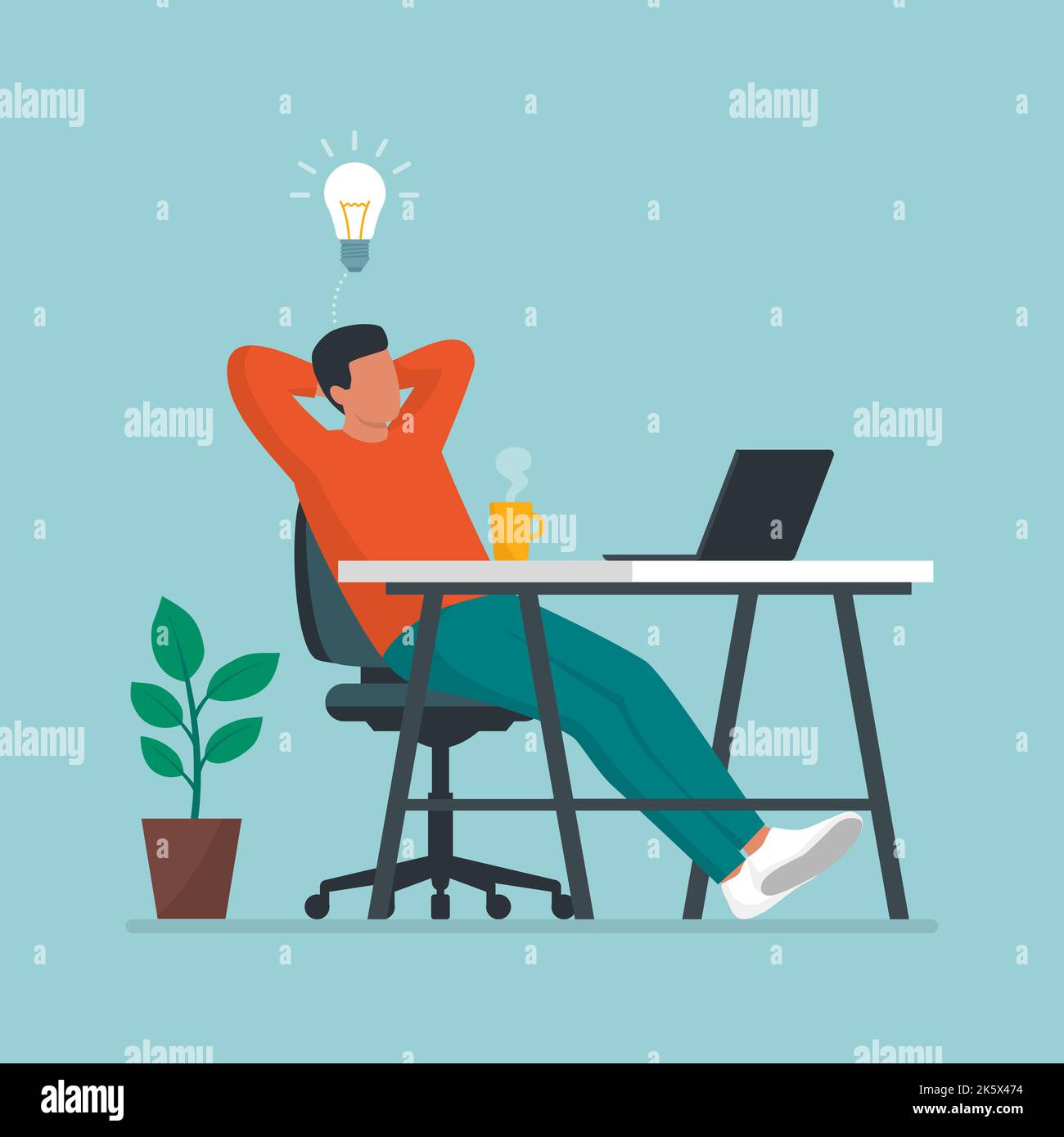 Creative man sitting at desk and taking a break, he is relaxing with hands behind head and having a good idea Stock Vector