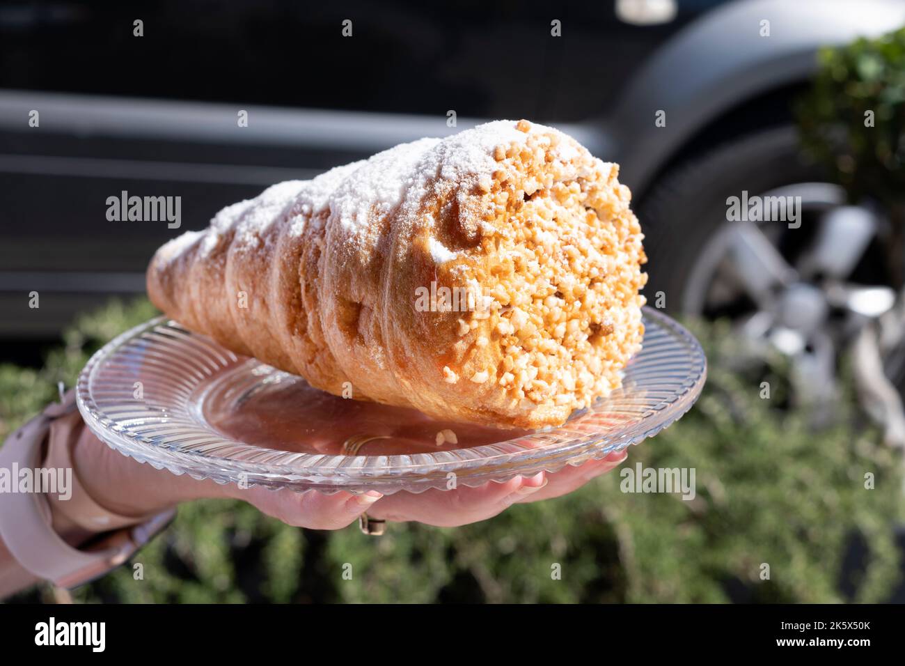 A large, fresh, classic cream horn. The cake, made with puff pastry, and dusted with icing sugar and nuts. The cake has a fresh cream filling. Stock Photo