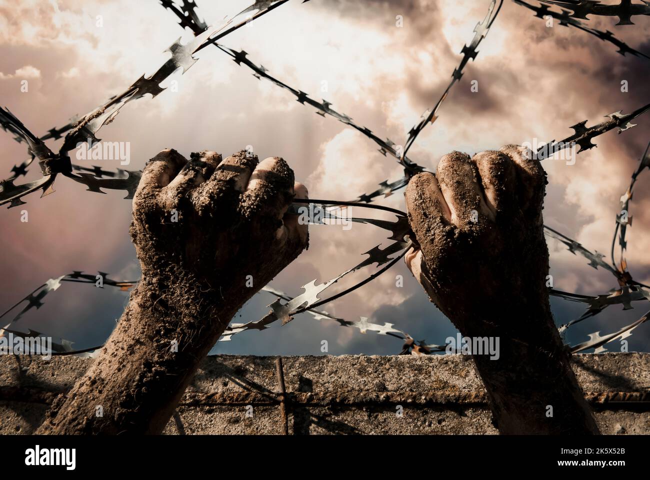 Jail break. Hands holding on to barbed wire on the wall of the prison. Law. freedom Stock Photo Alamy