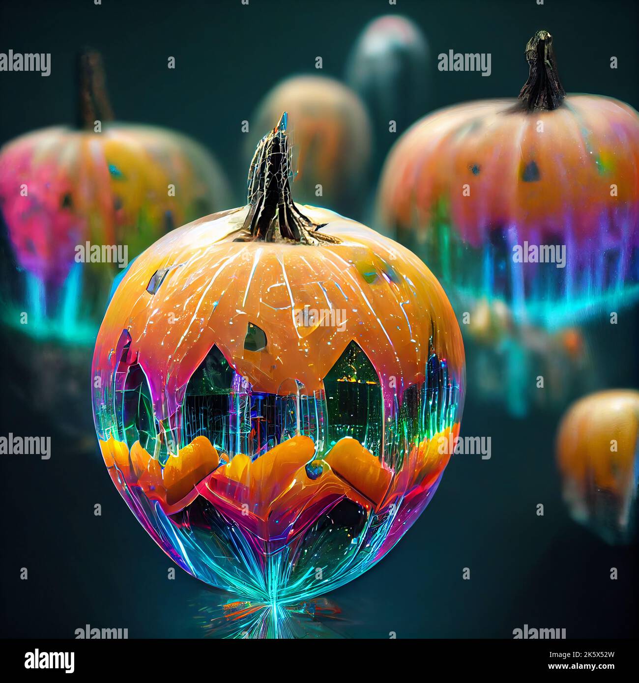 Crystal pumpkins covered in cobwebs, discovered in a cellar. Iridescent