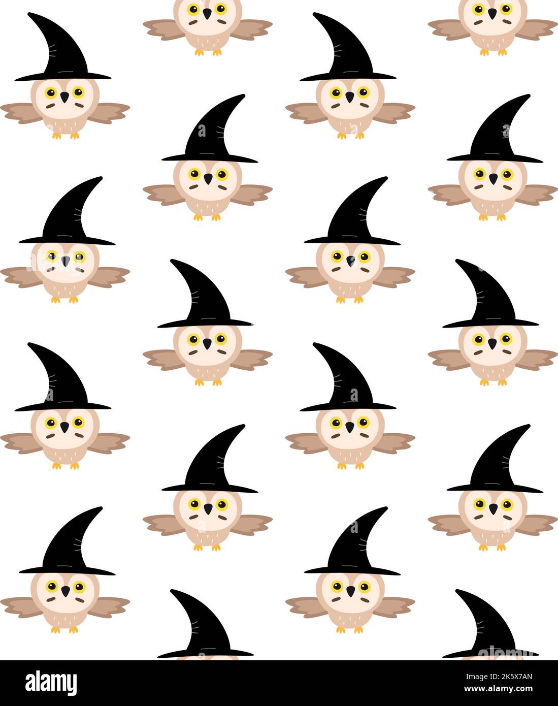 Vector seamless pattern of flat hand drawn Halloween owl in witch hat ...