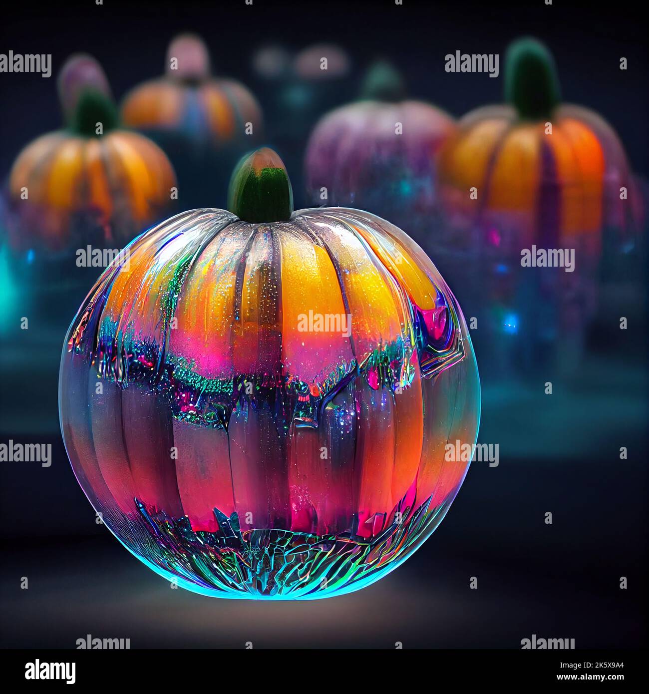 Crystal pumpkins covered in cobwebs, discovered in a cellar. Iridescent