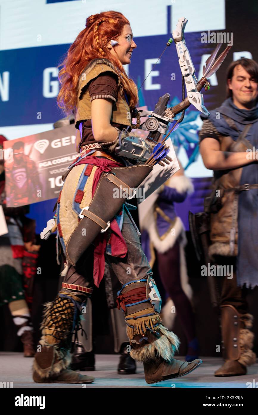 Poland, Poznan - October 09, 2022: Poznan Game Arena, video game characters, cosplay. Aloy from Horizon Zero Dawn. Stock Photo