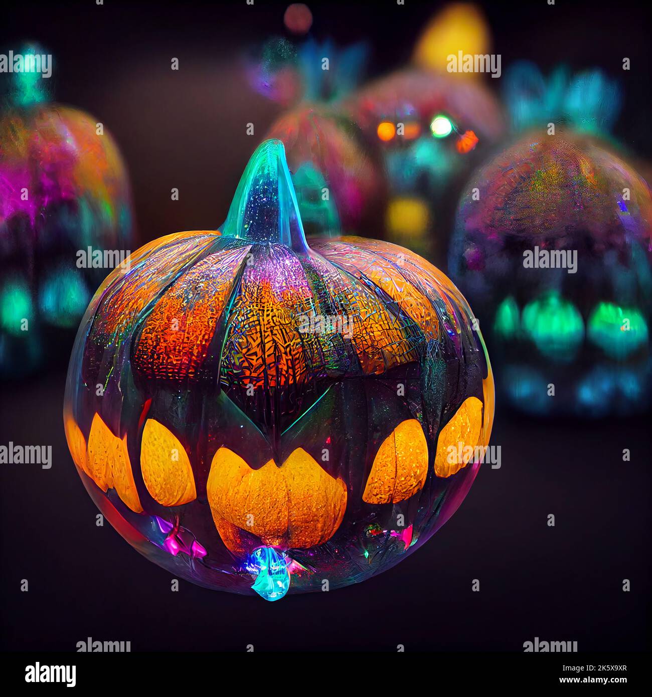 Crystal pumpkins covered in cobwebs, discovered in a cellar. Iridescent light plays on the surface with a spectrum of colors, lit from inside. Stock Photo