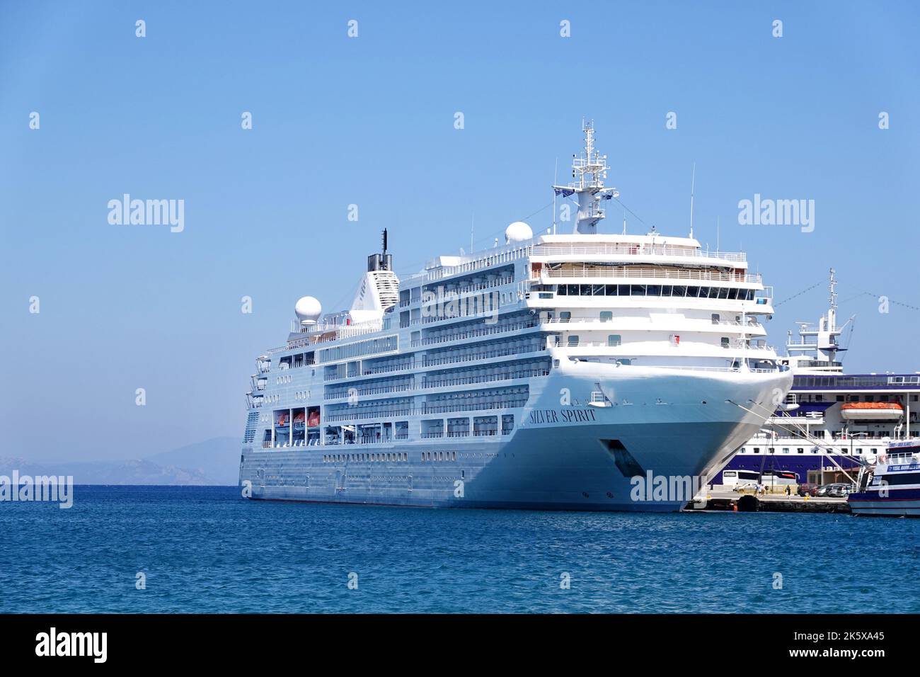 The Silversea line Silver spirit cruise ship moored up in Mandraki Marina during a visit to Rhodes City, Rhodes, Greece Stock Photo