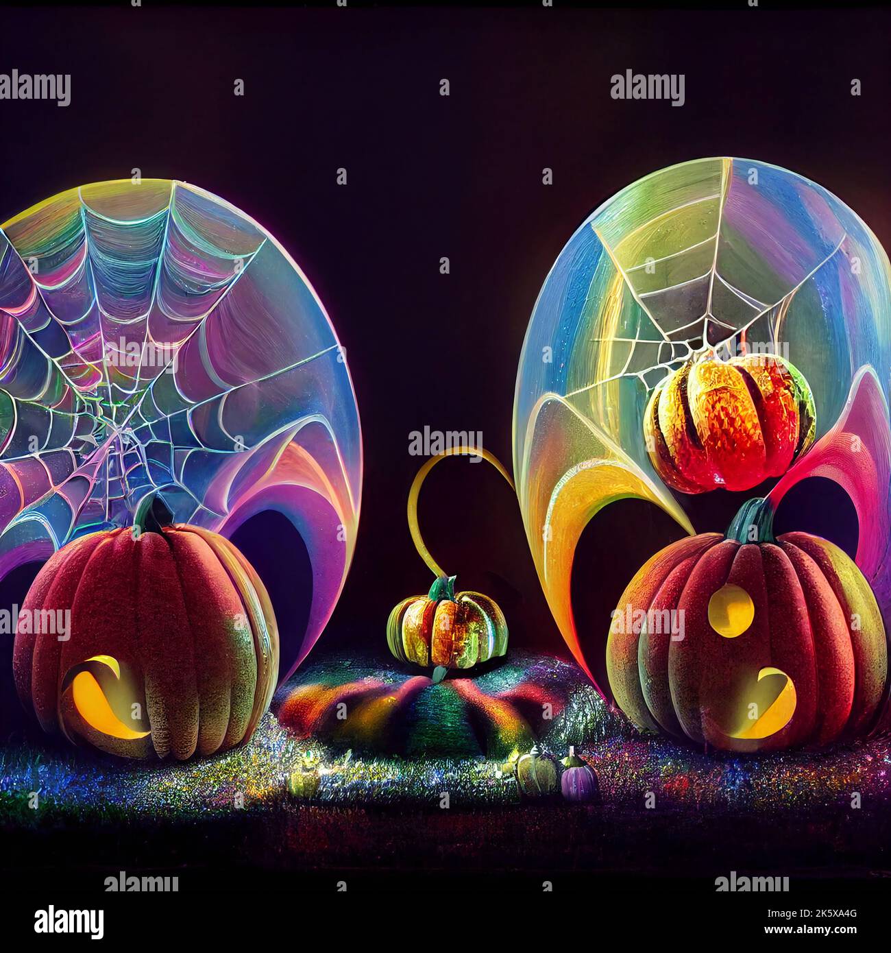 Crystal pumpkins covered in cobwebs, discovered in a cellar. Iridescent