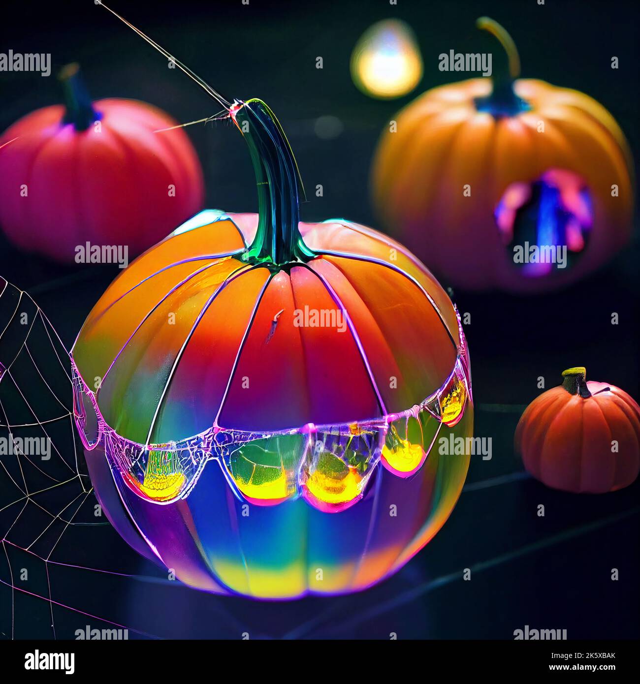 Crystal pumpkins covered in cobwebs, discovered in a cellar. Iridescent