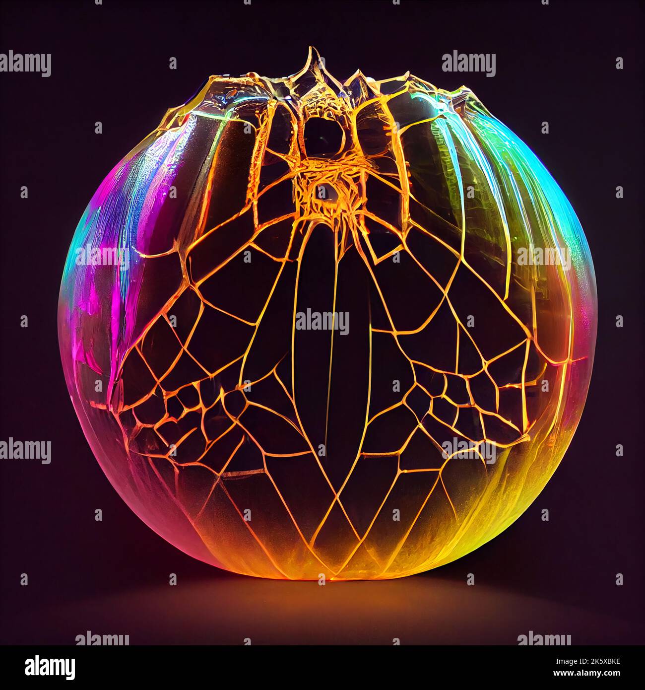 Crystal pumpkins covered in cobwebs, discovered in a cellar. Iridescent light plays on the surface with a spectrum of colors, lit from inside. Stock Photo