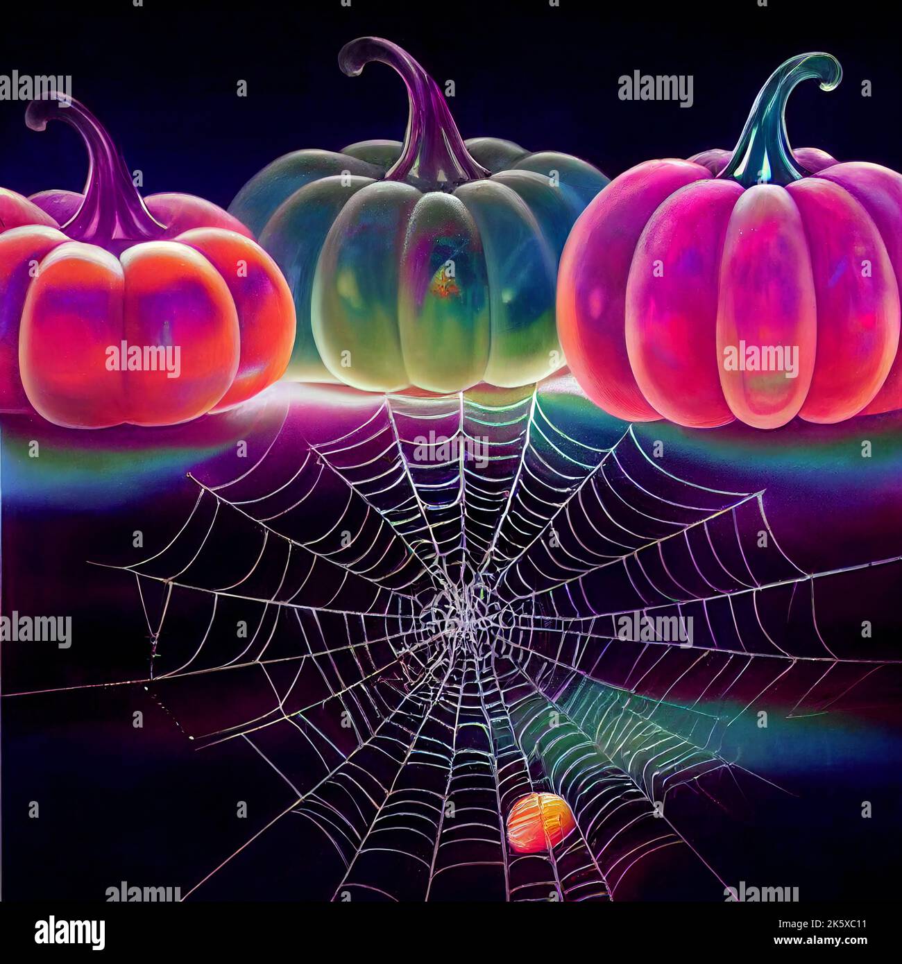 Crystal pumpkins covered in cobwebs, discovered in a cellar. Iridescent
