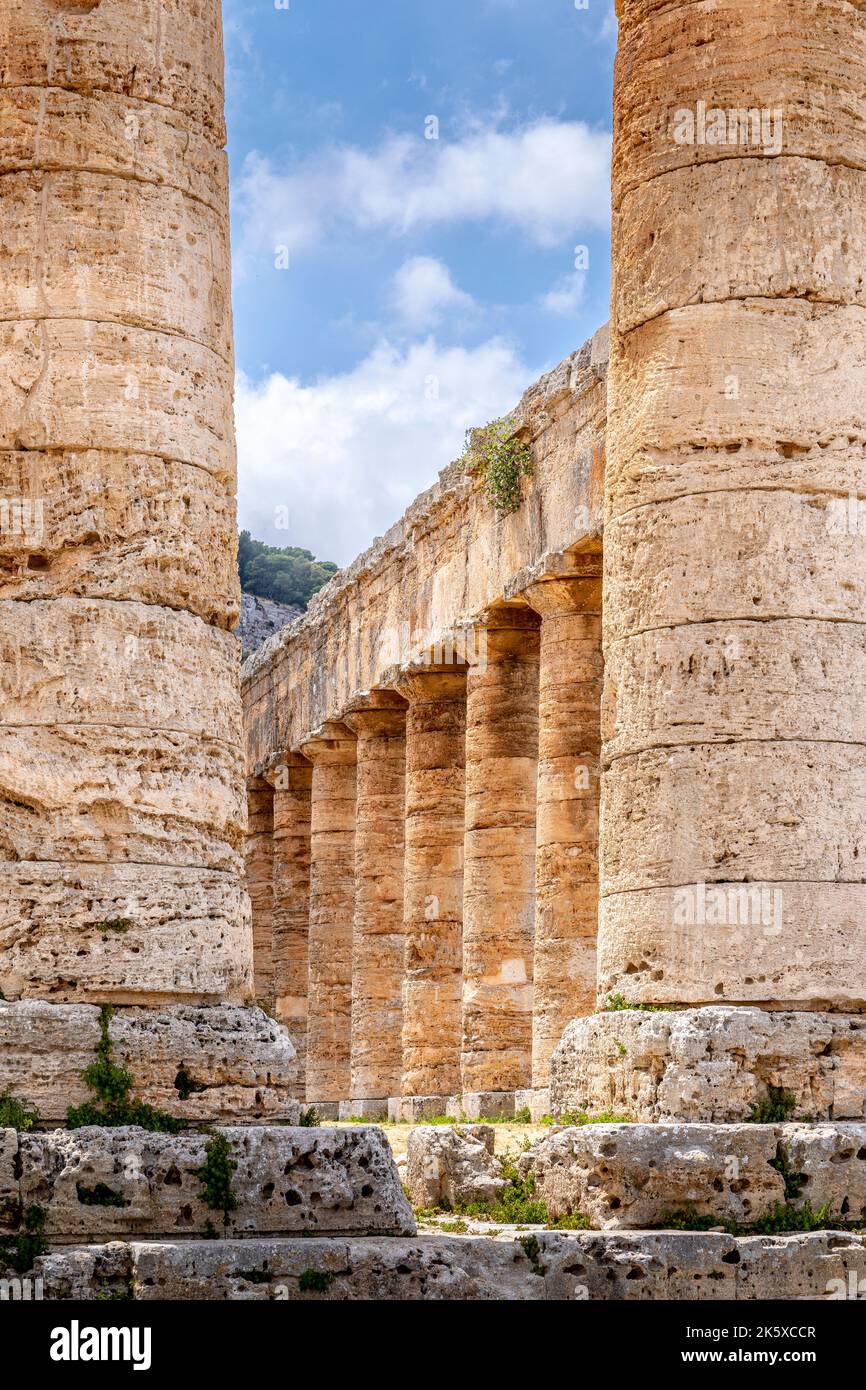 Calatafimi-Segesta, Sicily, Italy - July 9, 2020: Doric Temple and landscape of Segesta in Sicily, Italy Stock Photo