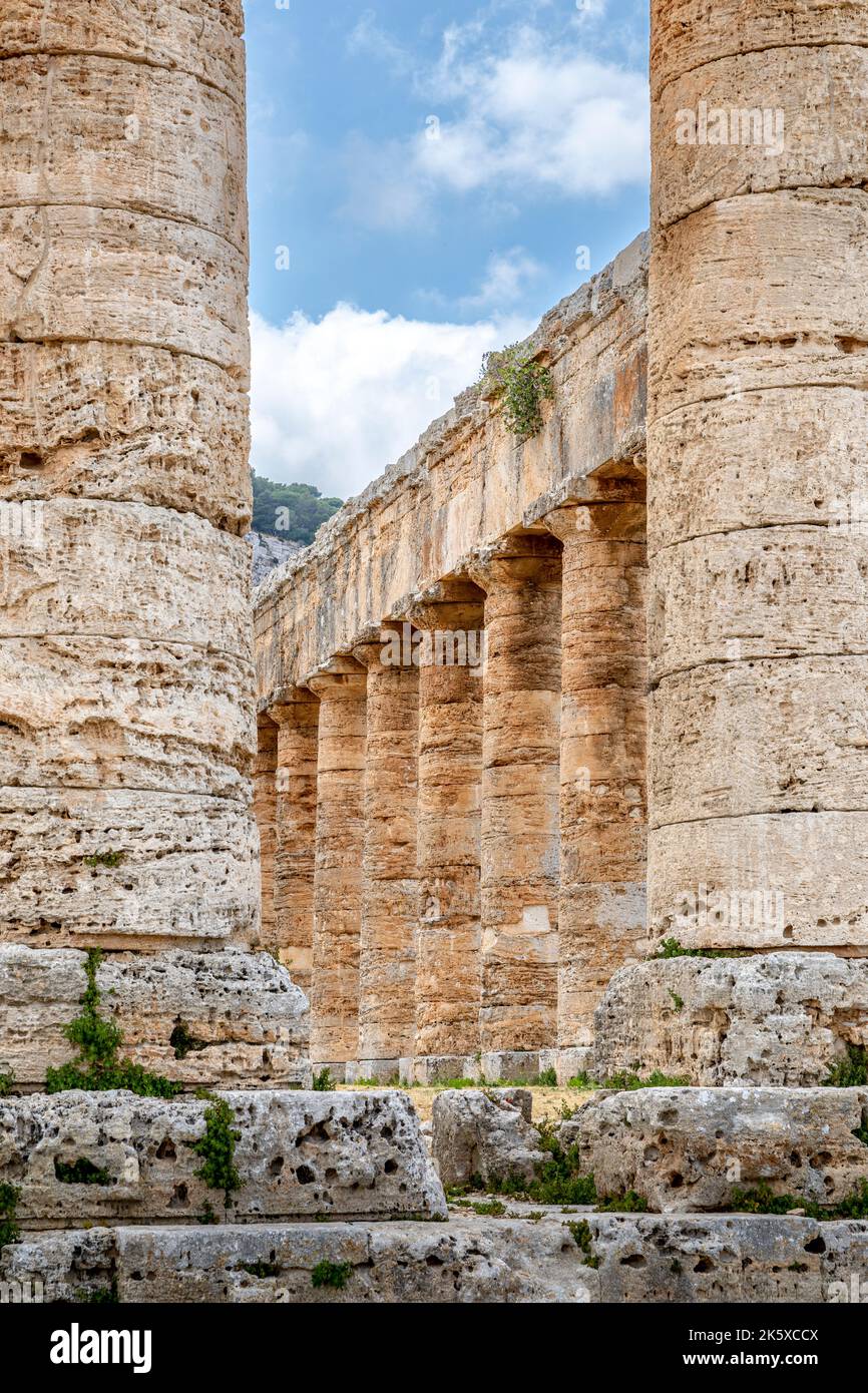 Calatafimi-Segesta, Sicily, Italy - July 9, 2020: Doric Temple and landscape of Segesta in Sicily, Italy Stock Photo