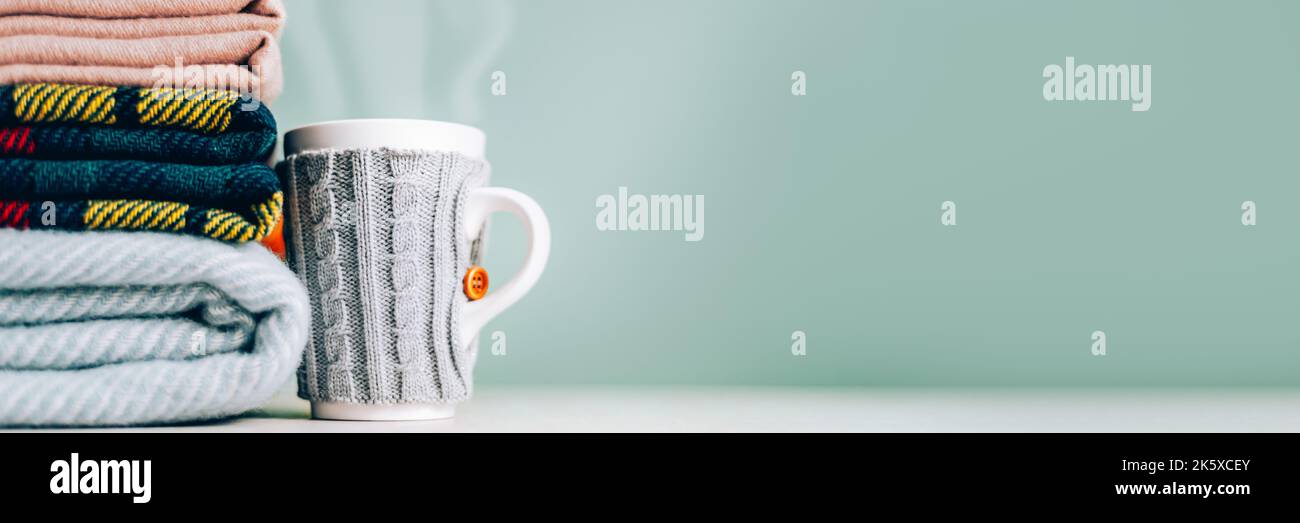 Stack of woolen checked blankets Stock Photo