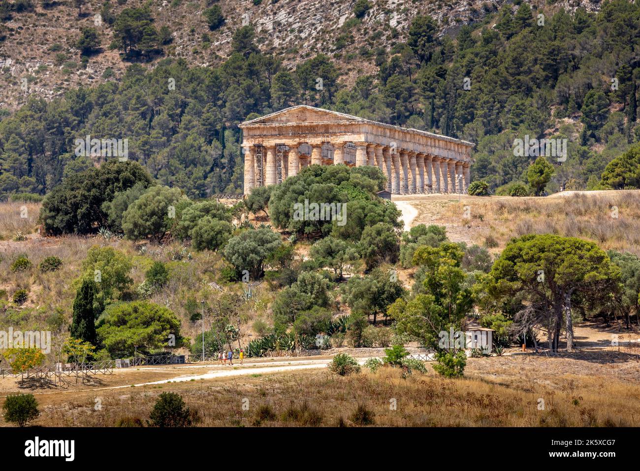 Calatafimi-Segesta, Sicily, Italy - July 9, 2020: Doric Temple and landscape of Segesta in Sicily, Italy Stock Photo