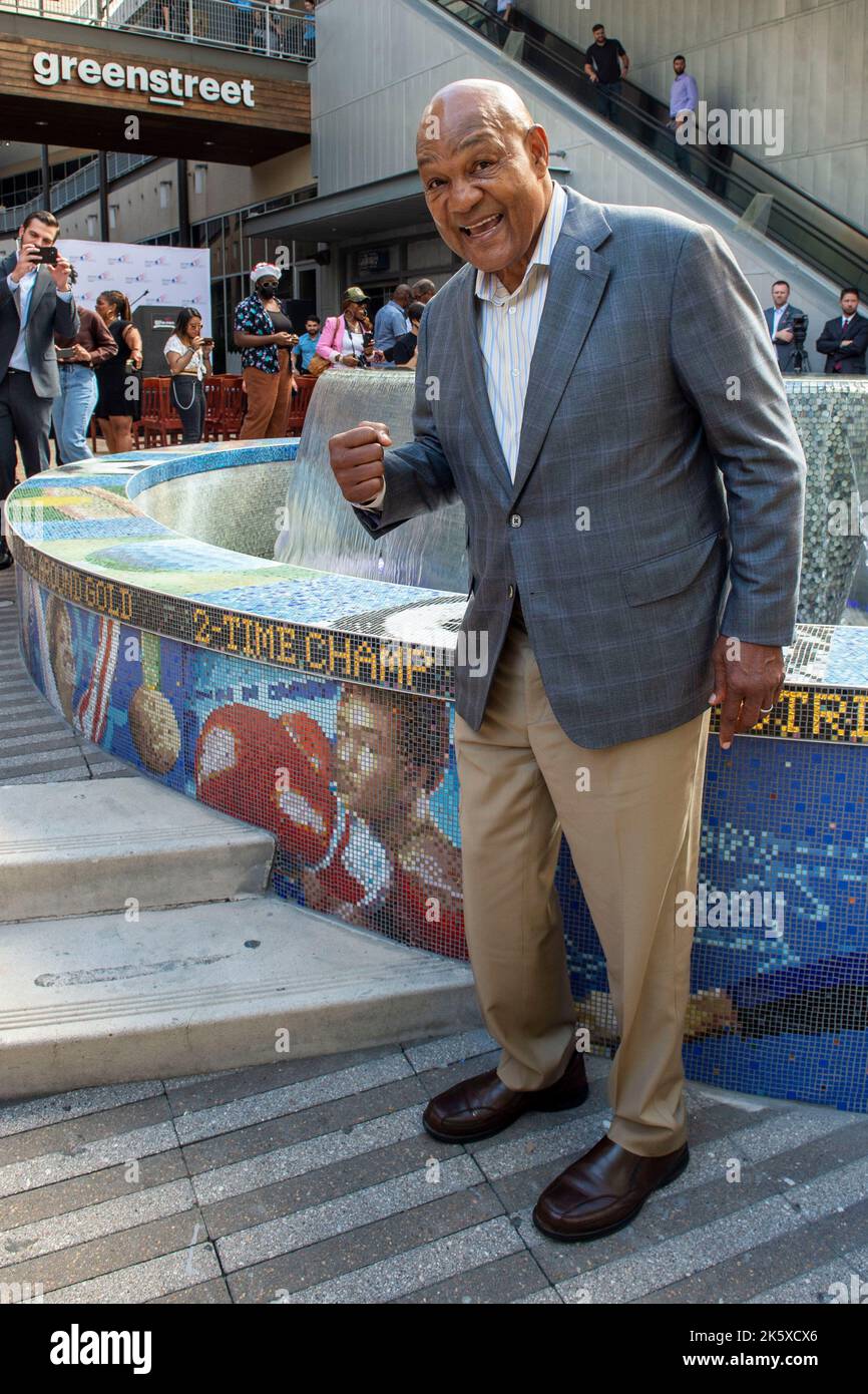 Two-time world heavyweight champion and an Olympic gold medalist George Foreman at the Harris County Houston Sports Authority Fountain Reveal and Hous Stock Photo