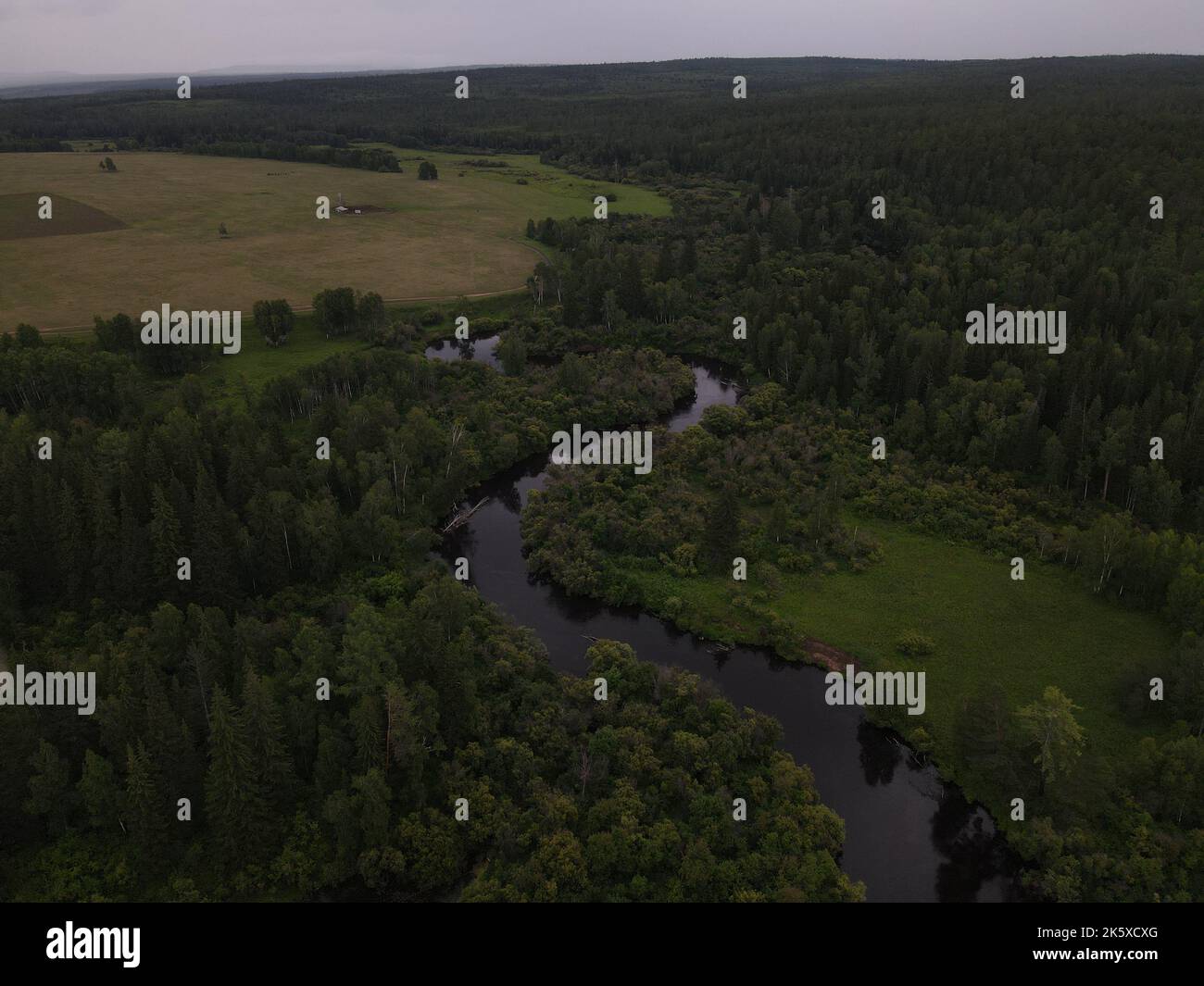 An aerial view of a green field with trees and river Stock Photo - Alamy