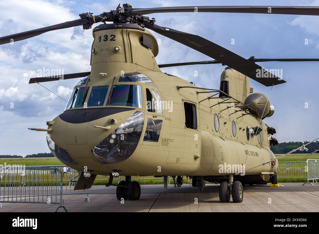 US Army Boeing CH-47F Chinook transport helicopter on static display at the Berlin ILA Airshow. Schonefeld, Germany - June 2, 2016 Stock Photo