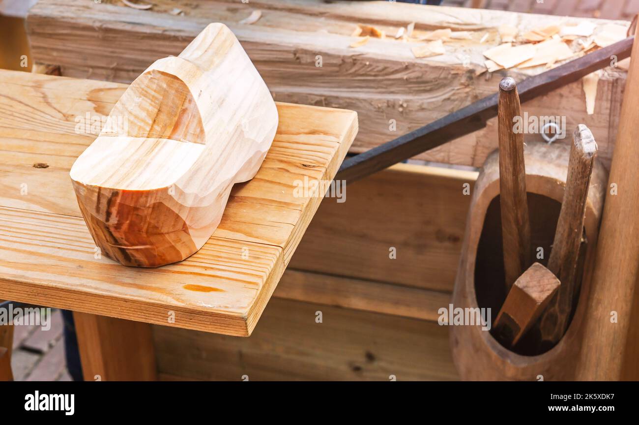 Wooden shoe maker workshop Stock Photo