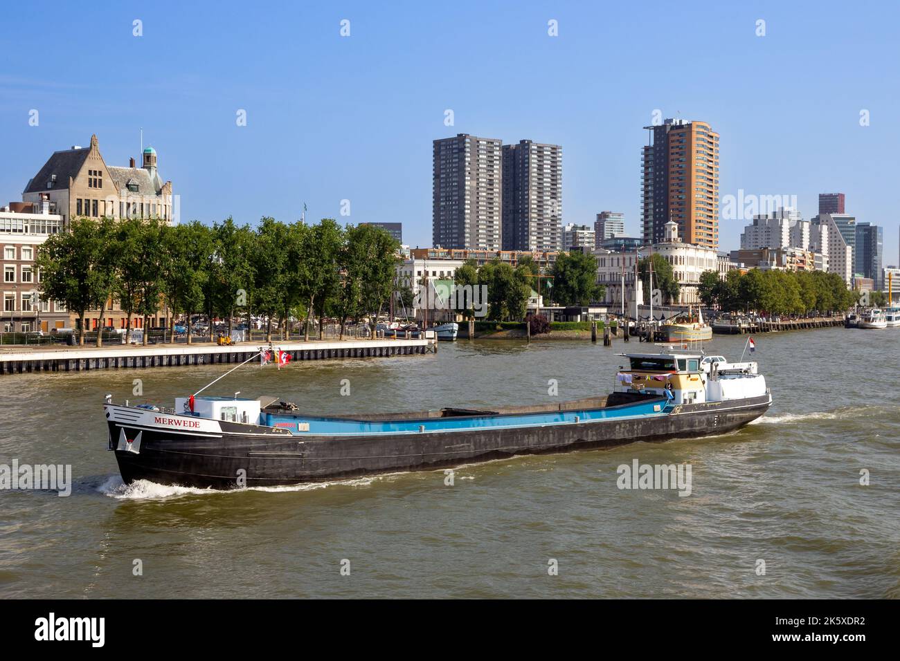 Barge on the Meuse river in Rotterdam, The Netherlands - August 1, 2014 Stock Photo