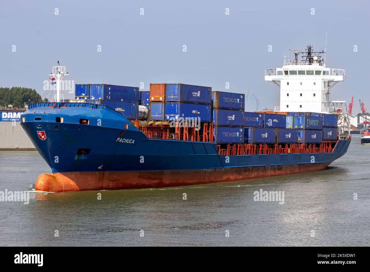 Container ship CT Pachuca leaving the Port of Rotterdam, The Netherlands - August 1, 2014 Stock Photo