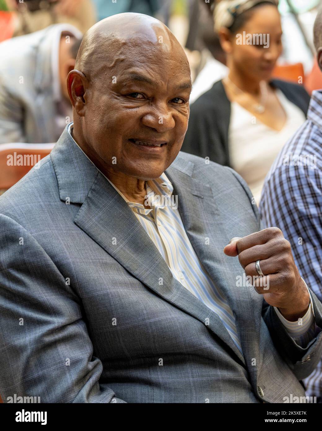 Two-time world heavyweight champion and an Olympic gold medalist George Foreman at the Harris County Houston Sports Authority Fountain Reveal and Hous Stock Photo