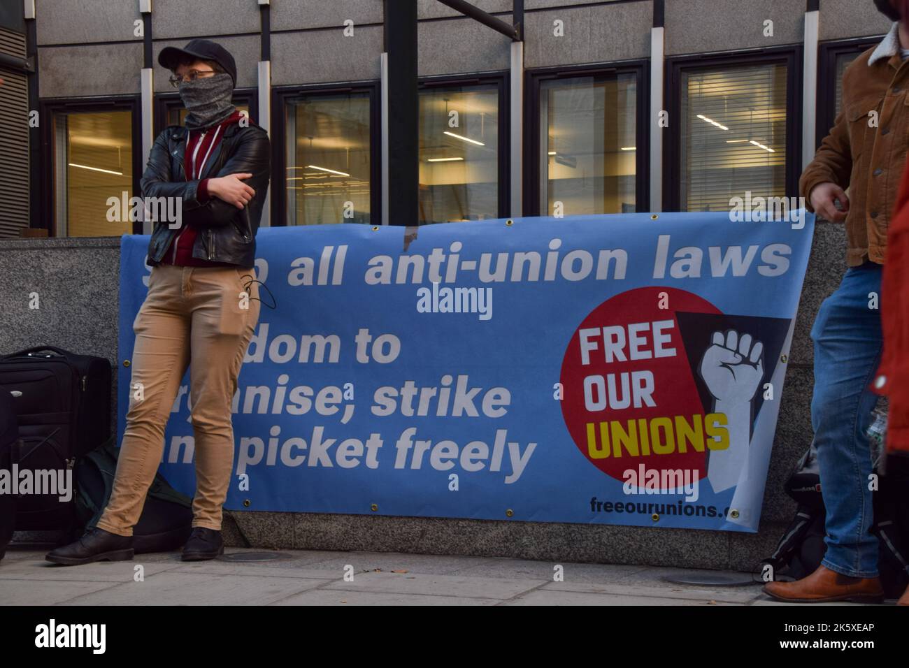 London, UK. 10th October 2022. Various union members and supporters gathered outside the Department for Business, Energy and Industrial Strategy (BEIS) in protest against the Tory Government's proposed anti-trade union laws. Credit: Vuk Valcic/Alamy Live News Stock Photo