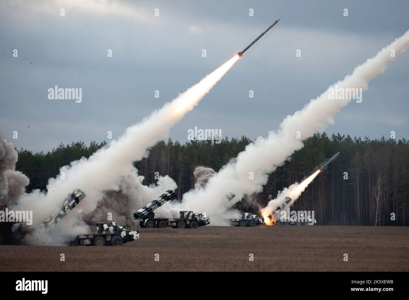 Launch of military missiles (rocket artillery) at the firing field ...