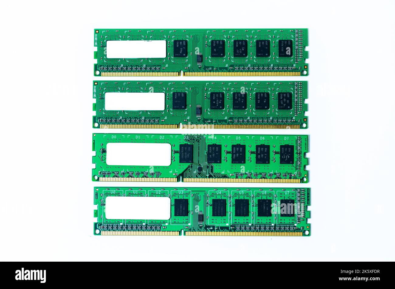 Computer memory card Close up memory socket on board computer server RAM on white background . system, main memory, random access memory, onboard, com Stock Photo